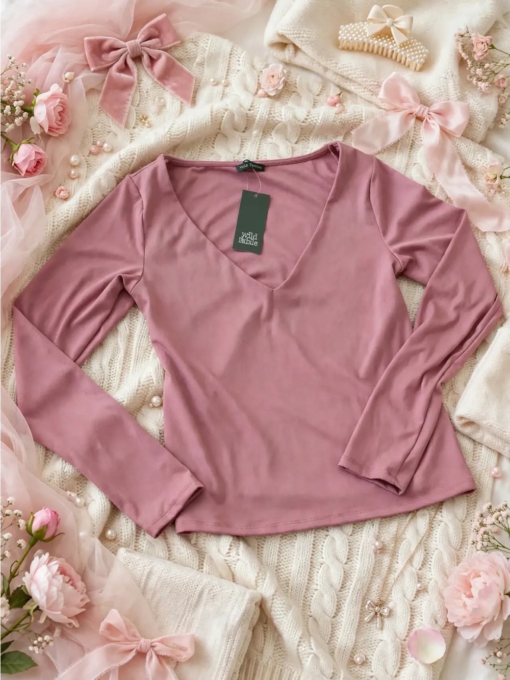 wild fable V-Neck Long Sleeve Top in Dusty Mauve